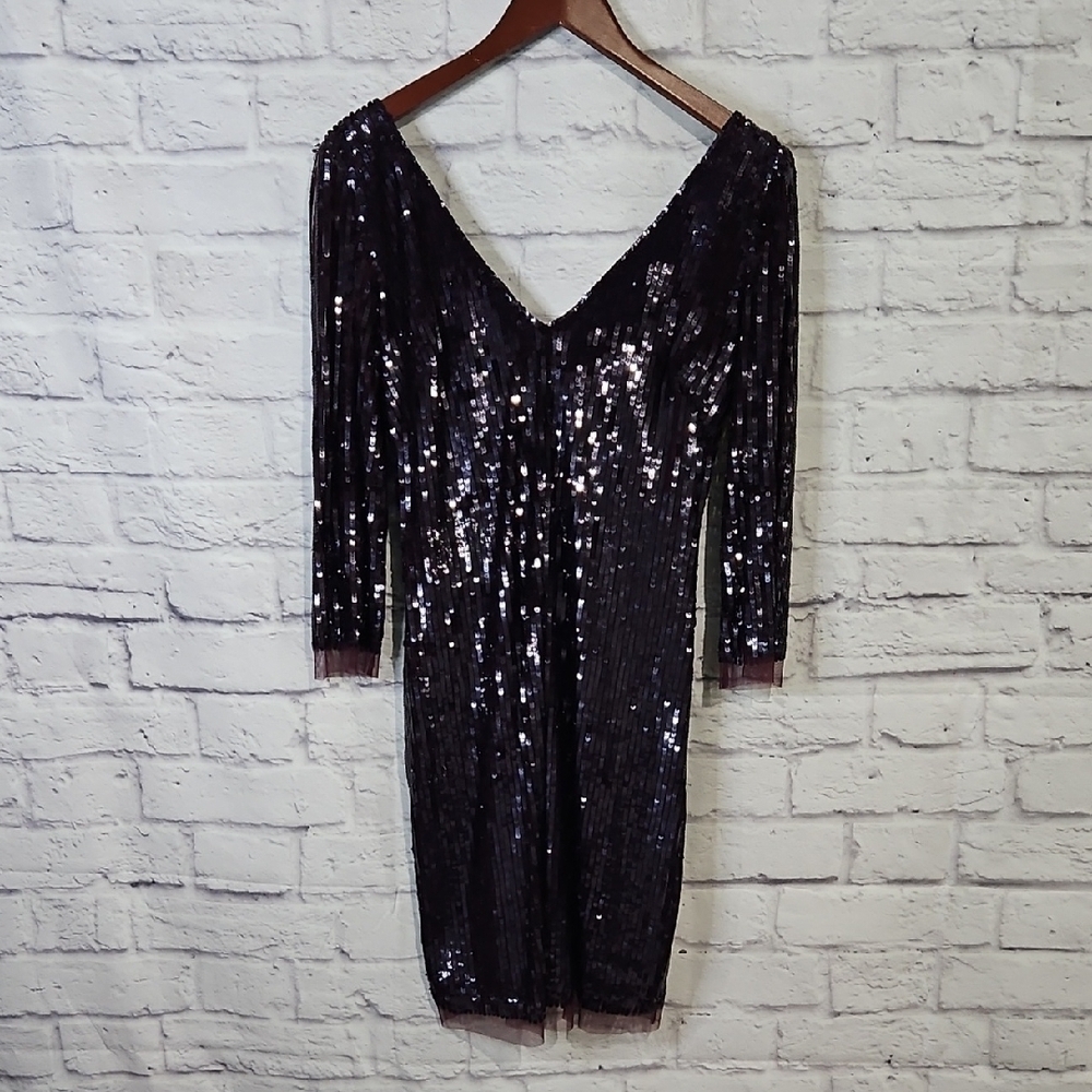 Niteline Shimmering Deep Purple Sequin Long Sleeve Dress